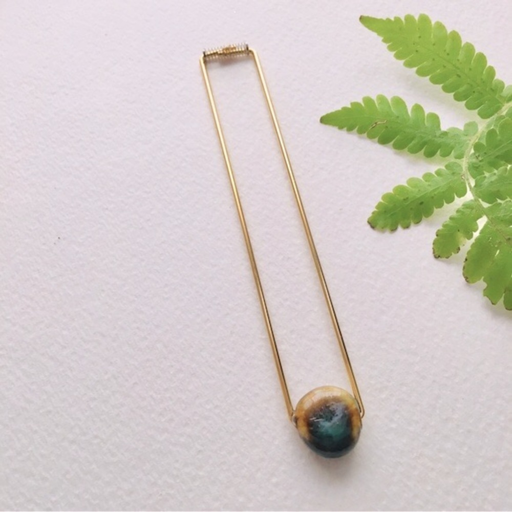 Artisan Made Natural Brown Blue Stone Gold Tone Steel Geometric Bookmark